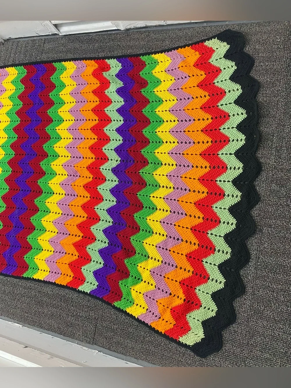 Vintage Crochet Blanket Handmade Chevron Stripe Knit Rainbow Pattern 87 x 45